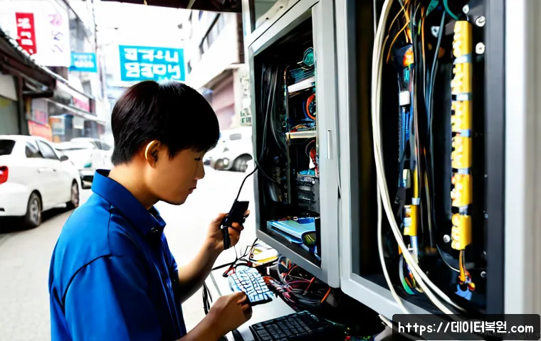 남대문 부팅불가 - Photorealistic PC repair workstation near Namdaemun Market, desktop tower opened beside a dark unres...