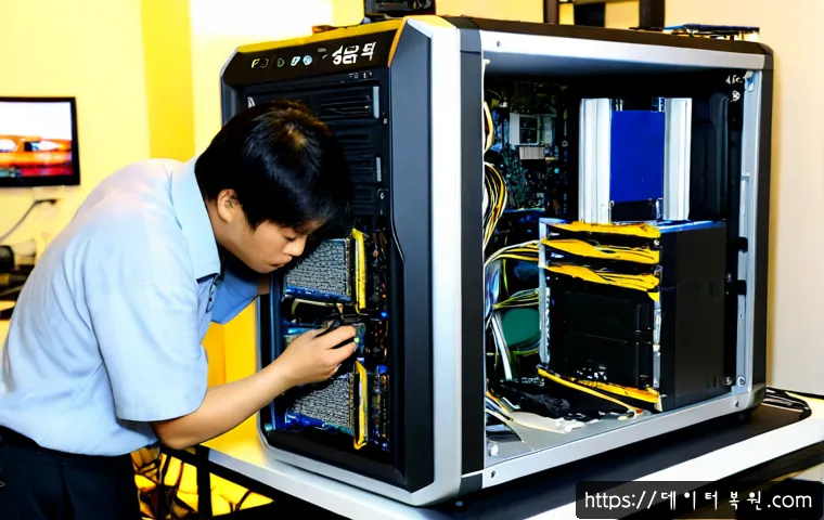 저동 VGA조립 및 교체수리 - Photorealistic computer repair workstation in a compact Jeodong electronics service shop, technician...