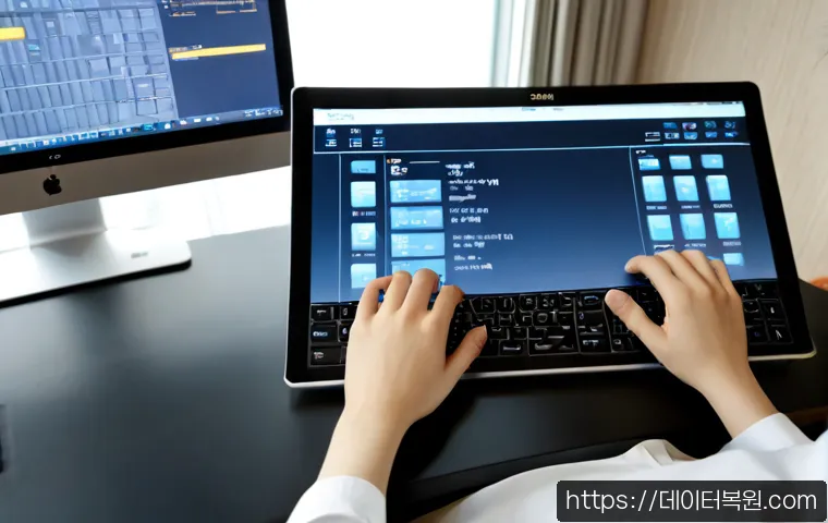 충현동 press  f4  key - Photorealistic remote-support workstation in a compact Chungyeon-dong apartment office, close-up of ...