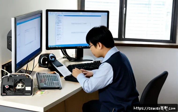 내유동 STATUS_INVALID_PAGE - Photorealistic IT support workstation in a quiet low-rise neighborhood office near Naeyu-dong, dual ...