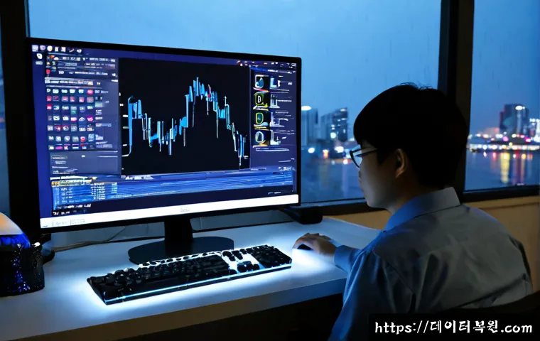 성석동 STATUS_KERNEL_LOG_FAILURE - Photorealistic IT support workstation in Seongseok-dong, a desktop computer showing a blank cobalt d...