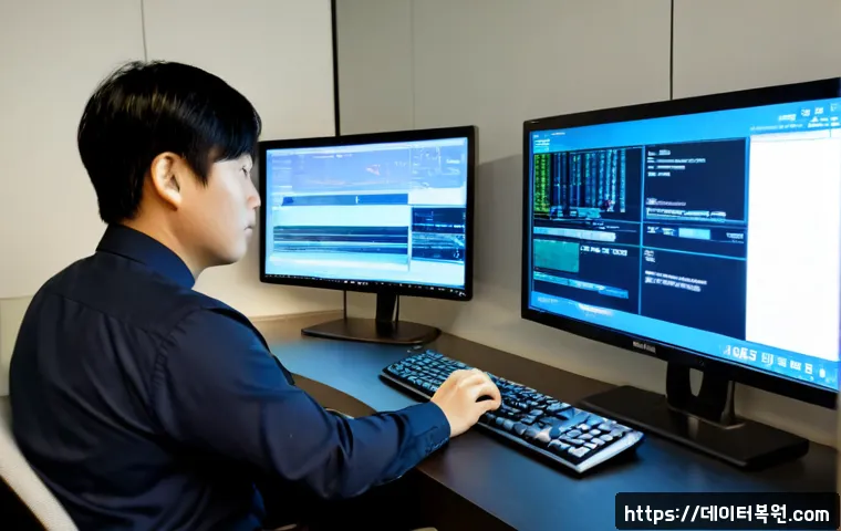 강남구 STATUS_DEVICE_OFFLINE - Photorealistic IT support workstation in a sleek Gangnam office tower, dual monitors showing a dim i...