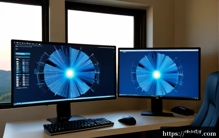 청운효자동 KERNEL_SECURITY_CHECK_FAILURE - Photorealistic premium workstation in a quiet hillside neighborhood office, dual monitors showing an...