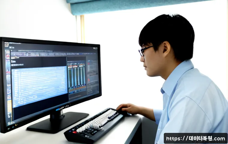 삼청동 ACPI_BIOS_ERROR - Photorealistic remote IT support workstation in a quiet Samcheong-dong studio, dual monitors showing...