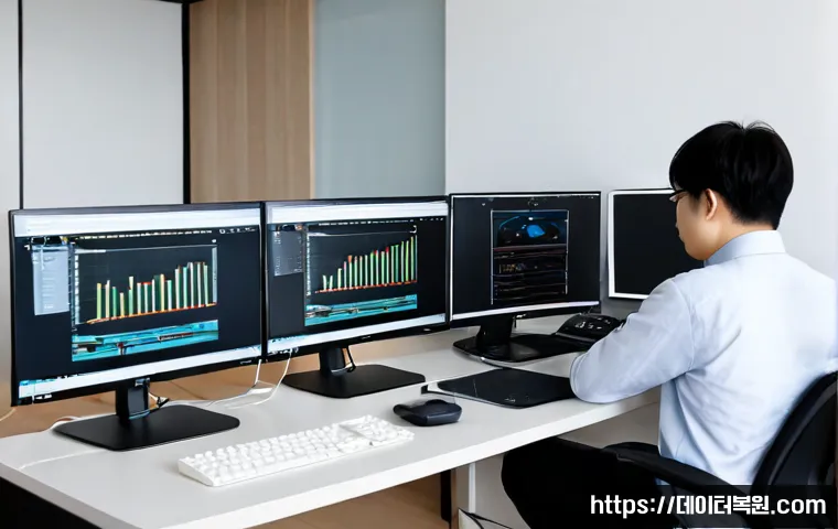 풍산동 STATUS_PAGE_FAULT - Photorealistic modern workstation in a quiet Pungsan-dong apartment office, dual monitors showing a ...