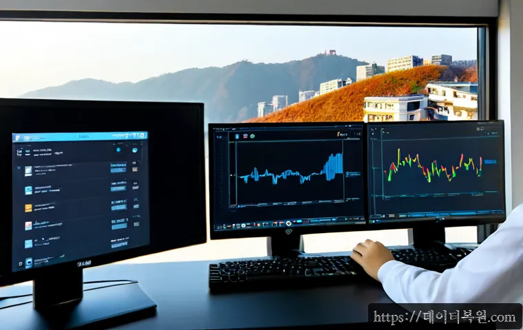 보광동 STATUS_INVALID_THREAD - Photorealistic remote support workstation in a compact hillside apartment, dual monitors showing abs...