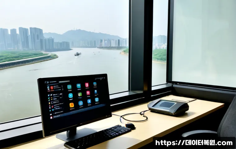 용산동 STATUS_NETWORK_ACCESS_DENIED - Photorealistic IT support workstation in a modern Yongsan office tower, desktop monitor showing a cl...