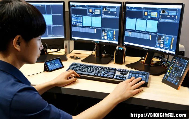 마포구 DRIVER_CORRUPTED_EXPOOL - Photorealistic IT support workstation in Hongdae, Seoul, dual monitors showing a blank 3D mechanical...