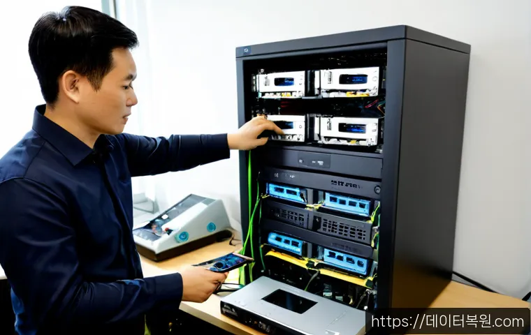 자양동 나스 nas 설정및수리 - Photorealistic NAS repair workstation in a compact riverside apartment office, technician installing...