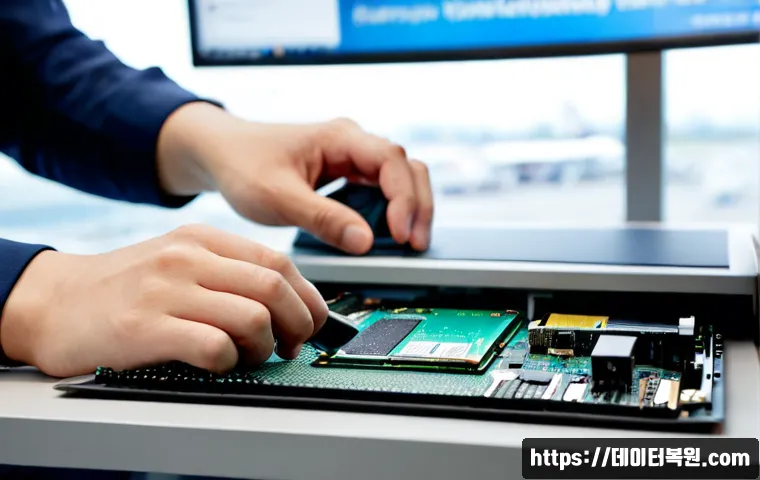 공항동 SSD조립 및 교체수리 - Photorealistic computer repair workstation in a compact Airport-district office, technician installi...