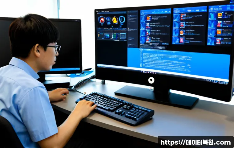 궁동 STATUS_KERNEL_HANDLE_INVALID - Photorealistic IT support workstation in a compact university-neighborhood office, dual monitors sho...