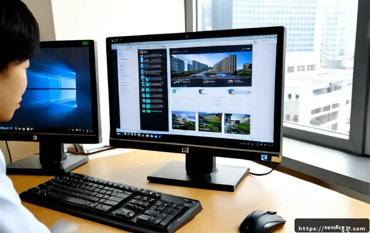 방이동 POOL_CORRUPTION_IN_FILE_AREA - Photorealistic IT support workstation in a compact Bangi-dong office, dual monitors showing a generi...