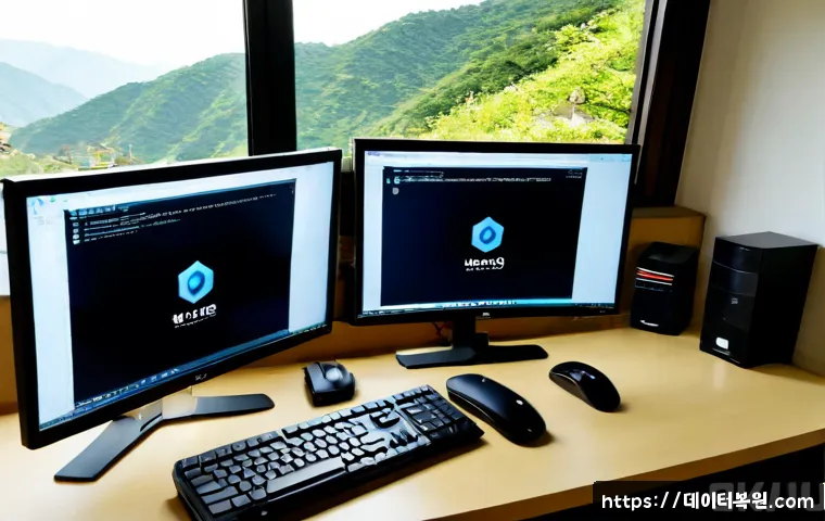 연희동 centos재설치 포맷  초기화 - Photorealistic remote IT support workstation in a quiet Yeonhui-dong apartment office, dual monitors...