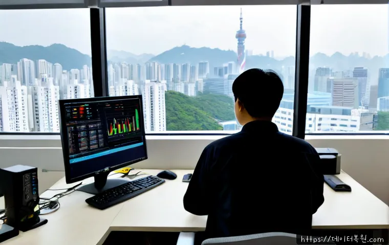목동 STATUS_INSUFFICIENT_RESOURCES - Photorealistic IT support workstation in a modern Mokdong office tower, dual monitors showing a dens...