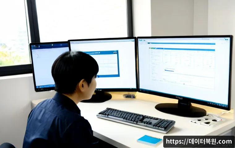 영천동 STATUS_MODULE_NOT_FOUND - Photorealistic remote support workstation in a compact Korean office, dual monitors showing a clean ...