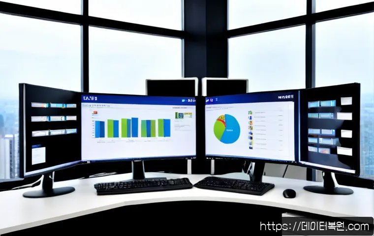 삼성동 UDFS_FILE_SYSTEM - Photorealistic high-end IT workstation in a modern Samsung-dong office tower, dual ultrawide monitor...