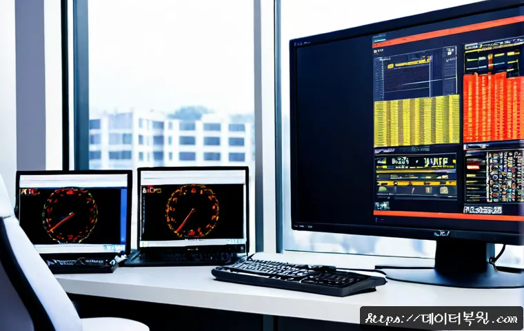 대덕동 STATUS_KERNEL_RESOURCE_ERROR - Photorealistic remote IT support workstation in Daedeok-dong, dual monitors showing abstract non-rea...