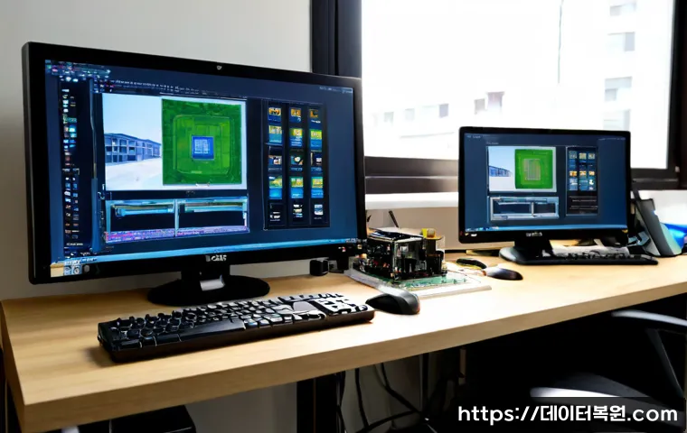 필운동 컴퓨터업그레이드 - Photorealistic computer upgrade workstation in a compact Pilun-dong design studio, technician instal...