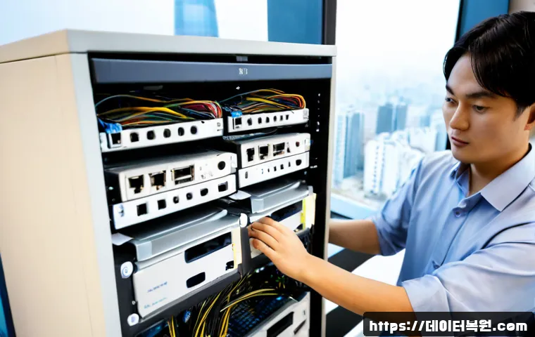 신도림 ftp서버출장방문수리점 - Photorealistic IT technician servicing a compact FTP server in a modern Shindorim office workstation...