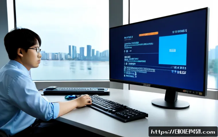 송파구 STATUS_KERNEL_SECURITY_CHECK - Photorealistic IT support workstation in a modern Songpa office tower, dual monitors showing a blank...