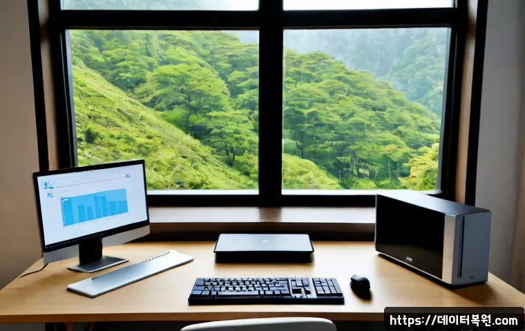 불광동 STATUS_SESSION_TIMEOUT - Photorealistic IT support workstation in a compact apartment office near a wooded hillside, dual mon...
