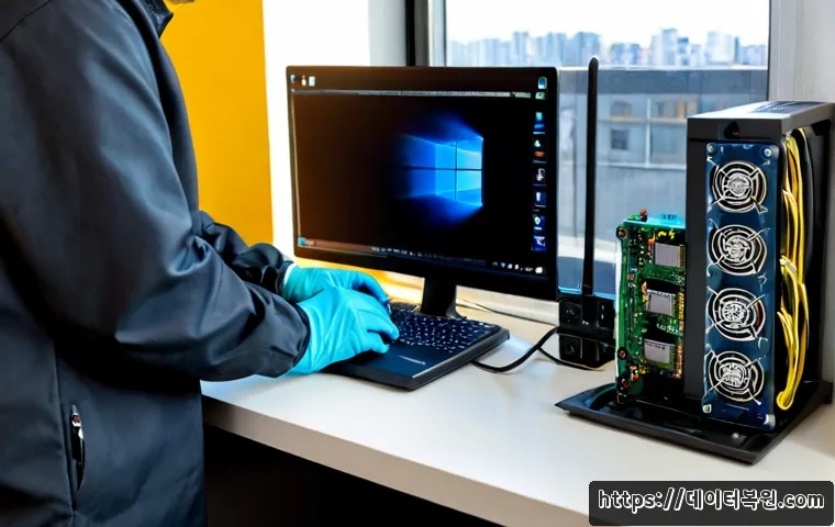 삼선동 SSD조립 및 교체수리 - Photorealistic computer repair bench in a compact Samseon-dong apartment workspace, technician weari...