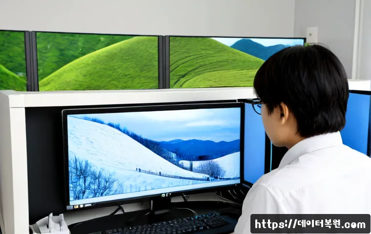 사직동 WIN32K_LOCK_HELD_TOO_LONG - Photorealistic IT support workstation in a compact Sajik-dong office, dual monitors showing a frozen...