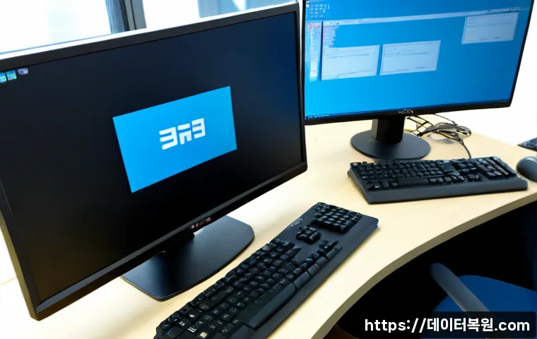저동 PFN_LIST_CORRUPT - Photorealistic remote-support workstation in a compact Jeodong office, dual monitors showing a gener...