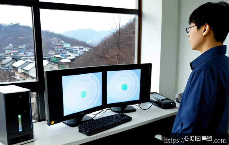 신영동 STATUS_IO_TIMEOUT - Photorealistic IT support workstation in a quiet hillside Seoul neighborhood office, engineer examin...
