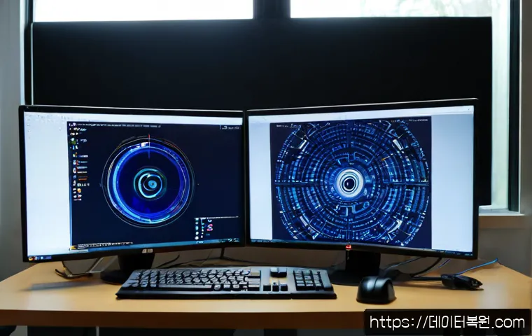 곤지암 VIDEO_DRIVER_INIT_FAILURE - Photorealistic remote IT support workstation in a quiet Gonjian office, dual monitors showing a blan...