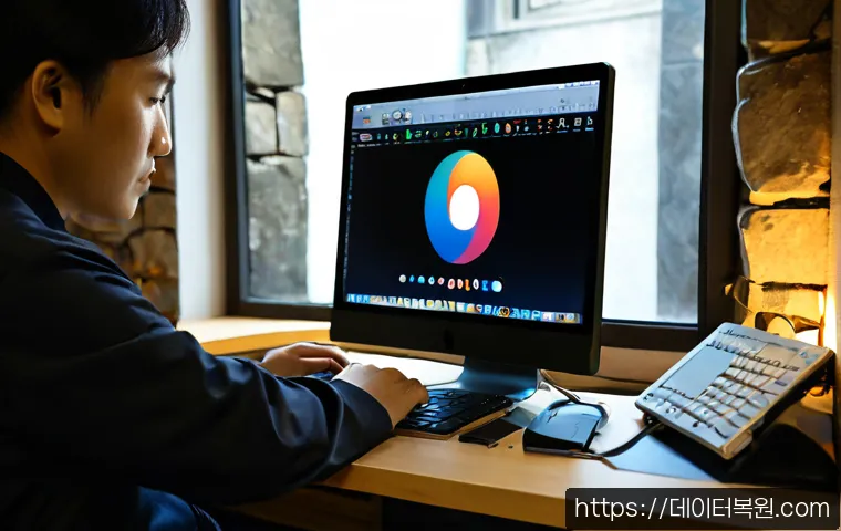 서린동 맥윈도우 부트캠프_bootcamp 재설치 포맷  초기화 - Photorealistic Mac workstation in a compact Jongno business office, laptop connected to an external ...