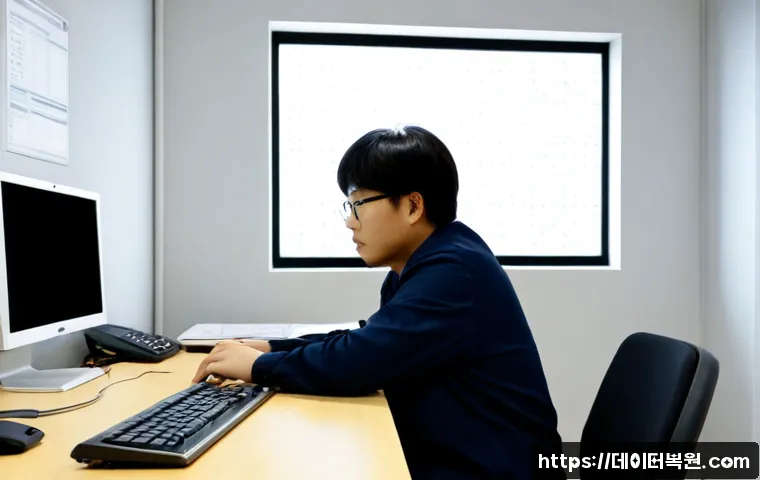 묵정동 STATUS_INVALID_PAGE - Photorealistic software support workstation in a compact Mukjeong-dong office, frustrated technician...