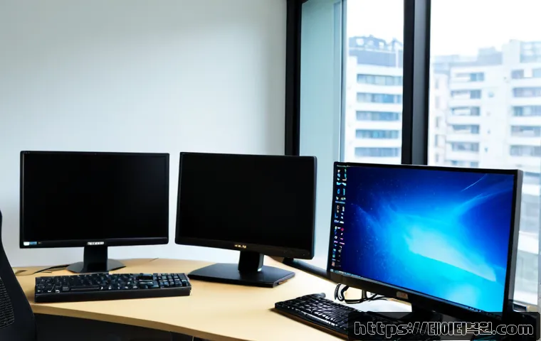중랑구 IRQL_NOT_LESS_OR_EQUAL - Photorealistic IT support workstation in a compact Jungnang-gu apartment office, dual monitors showi...