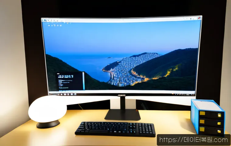 남현동 UDFS_FILE_SYSTEM - Photorealistic IT support workstation in a compact Namhyeon-dong office, dual monitors showing abstr...