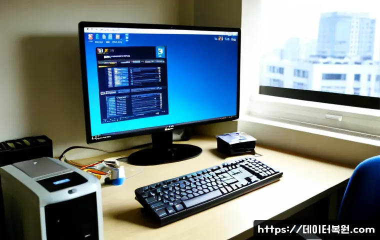 봉익동 STATUS_KERNEL_DRIVER_CORRUPTION - Photorealistic IT support workstation in a compact Bongik-dong apartment office, desktop tower opene...