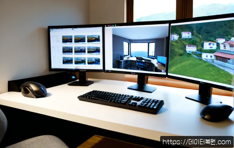 혜화동 STATUS_IMAGE_INVALID - Photorealistic remote-support workstation in a quiet Hyehwa neighborhood studio, dual monitors showi...