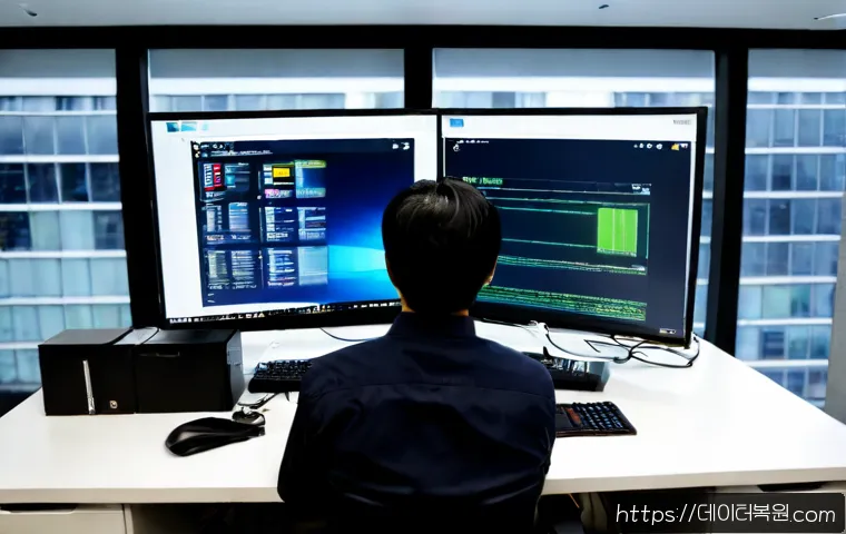 순화동 VIDEO_DRIVER_INIT_FAILURE - Photorealistic IT support workstation in a compact central Seoul office, dual monitors showing a dar...