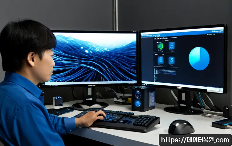 공덕동 IRQL_NOT_LESS_OR_EQUAL - Photorealistic IT support workstation in a modern Gongdeok neighborhood office, dual monitors showin...