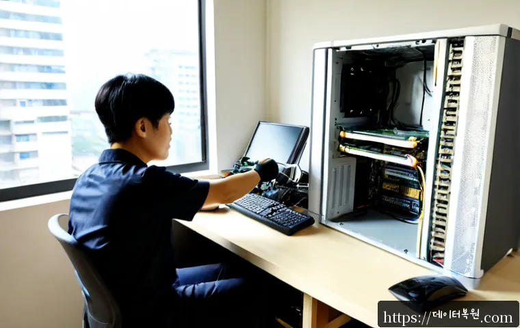 동작구 메모리조립 및 교체수리 - Photorealistic computer repair workstation in a compact Dongjak-gu apartment office, technician wear...