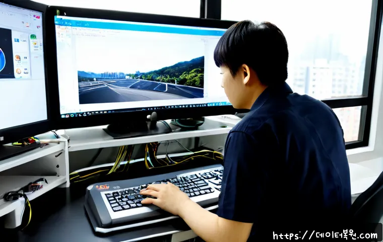영등포동 VIDEO_TDR_FAILURE - Photorealistic remote-support workstation in a compact Yeongdeungpo-dong office, dual monitors with ...