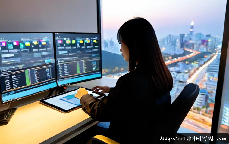 방이동 SESSION_HAS_VALID_VIEWS_ON_EXIT - Photorealistic software support workstation in a modern Bangi-dong apartment office, dual monitors s...