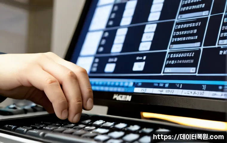 마장동 f4키 누르라고 할때 - Photorealistic remote-support workstation in a compact Korean market office, close-up of a hand pres...