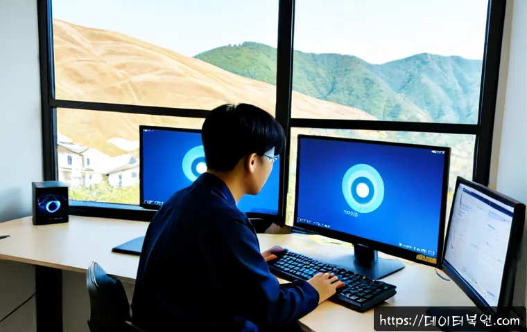 마천동 KERNEL_SECURITY_CHECK_FAILURE - Photorealistic IT support workstation in a compact Machon-dong apartment office, dual monitors showi...