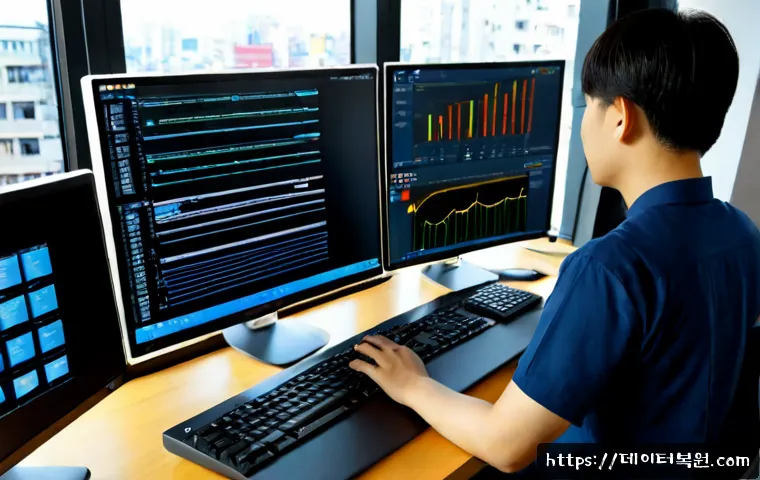 독산동 STATUS_STACK_OVERFLOW - Photorealistic remote-support workstation in a compact industrial-office district, frustrated IT tec...