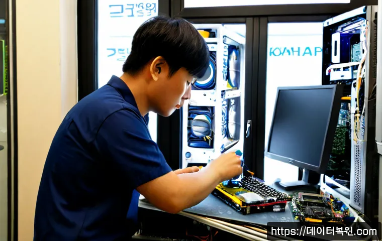 남창동 그래픽카드조립 및 교체수리 - Photorealistic computer repair workstation in a compact Namchang-dong electronics shop, technician c...