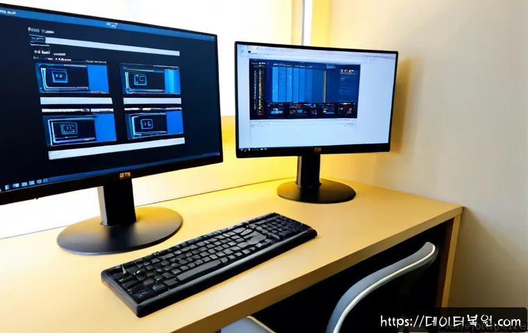 발산동 STATUS_KERNEL_BOOT_FAILURE - Photorealistic IT support workstation in a compact Balsan-dong office, dual monitors showing an abst...