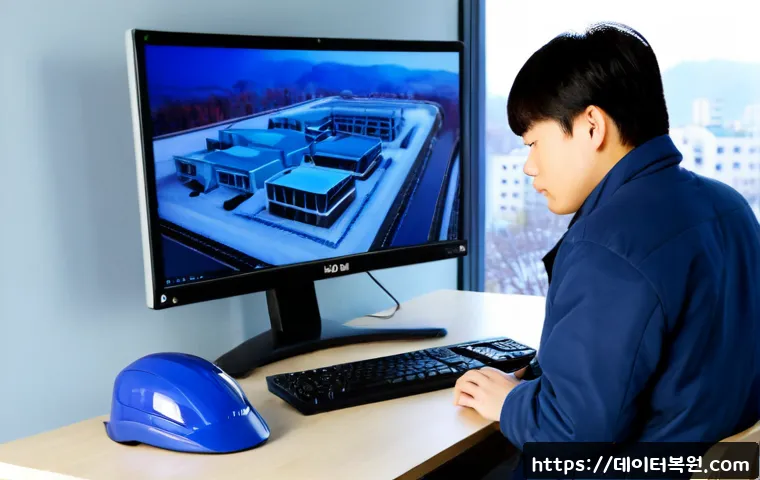 효자동 IRQL_NOT_LESS_OR_EQUAL - Photorealistic modern architectural CAD workstation in Hyoja-dong, Seoul, dual monitors showing a de...