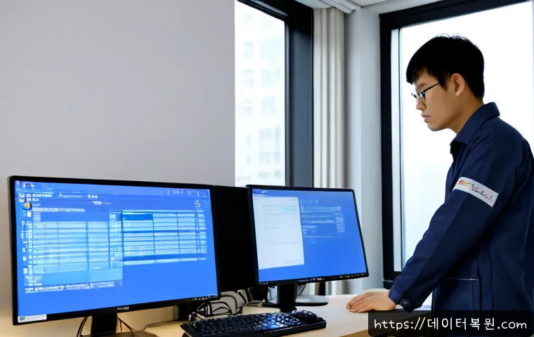 법곳동 KERNEL_DATA_INPAGE_ERROR - Photorealistic IT support workstation in a compact Bukgok-dong design studio, dual monitors showing ...