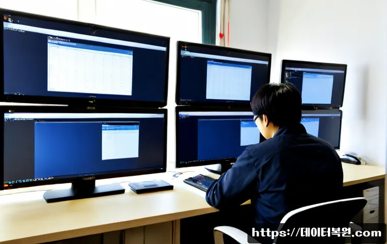 팔판동 STATUS_INVALID_DISPOSITION - Photorealistic remote IT support workstation in a quiet Palpan-dong studio, dual monitors showing a ...