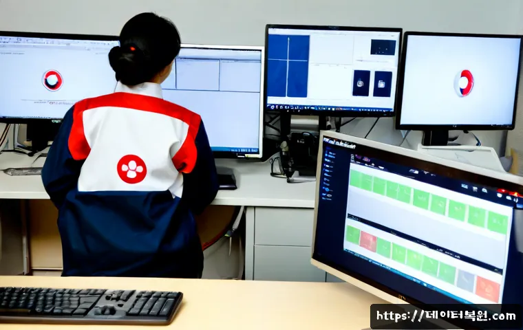 창신동 STATUS_INVALID_CALLER - Photorealistic remote support workstation in a compact Changsin-dong garment workshop office, dual m...